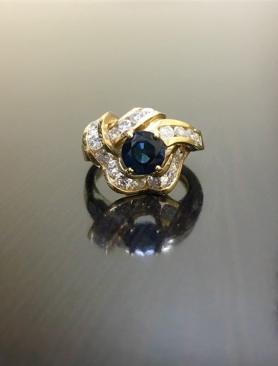 14K Yellow Gold Blue Sapphire Diamond Engagement R