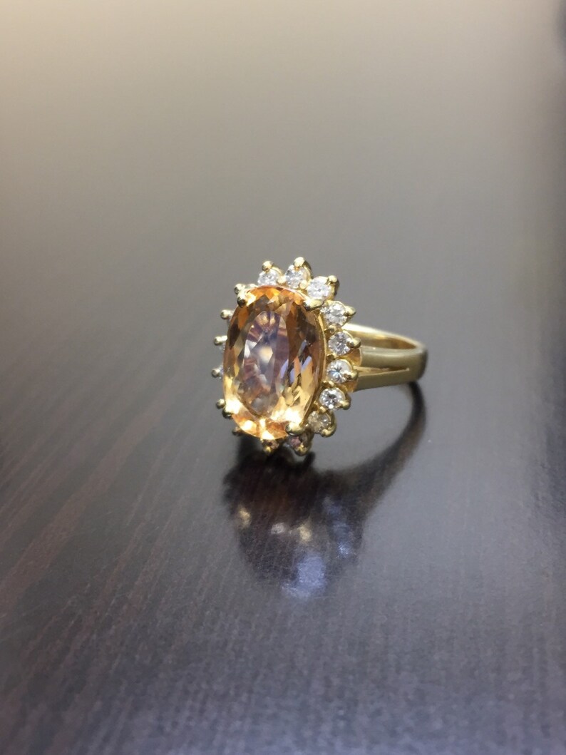 14K Yellow Gold Imperial Topaz Halo Diamond Engagement Ring | Etsy