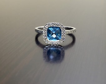 14K White Gold Blue Topaz Halo Diamond Engagement Ring - 14K Gold Blue Topaz Diamond Wedding Ring - 14K Blue Topaz Ring - Halo Diamond Ring