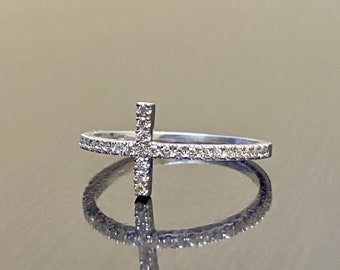 14K White Gold Minimalist Sideways Cross Ring - 14K White Gold Cross Diamond Ring - Diamond Cross Modern Ring- 14K White Gold Cross Ring