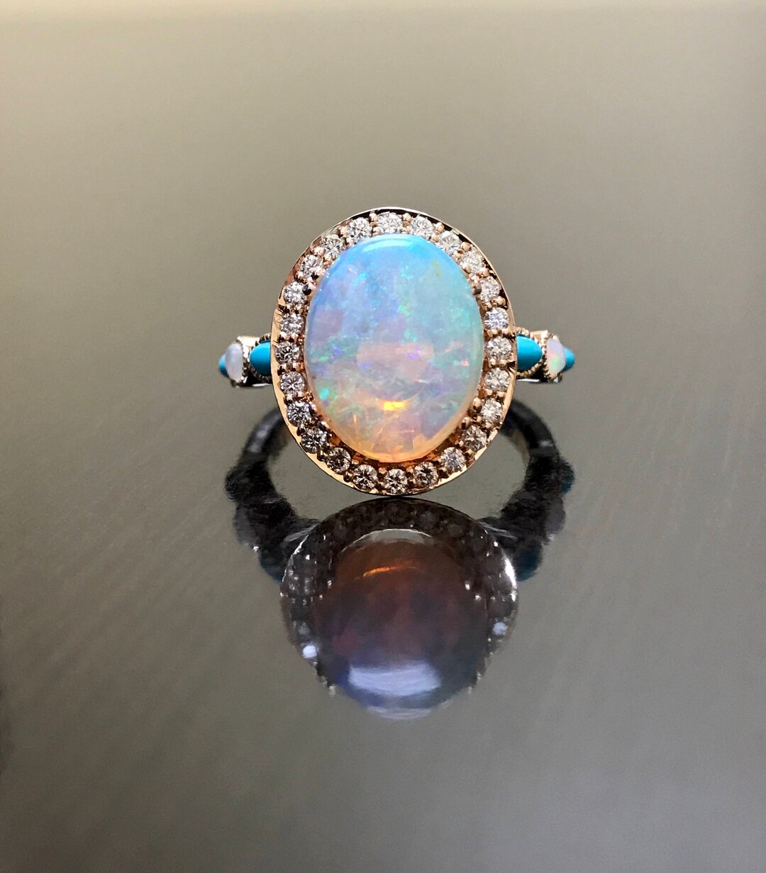 14K Rose Gold Halo Diamond Turquoise Opal Engagement Ring - Etsy