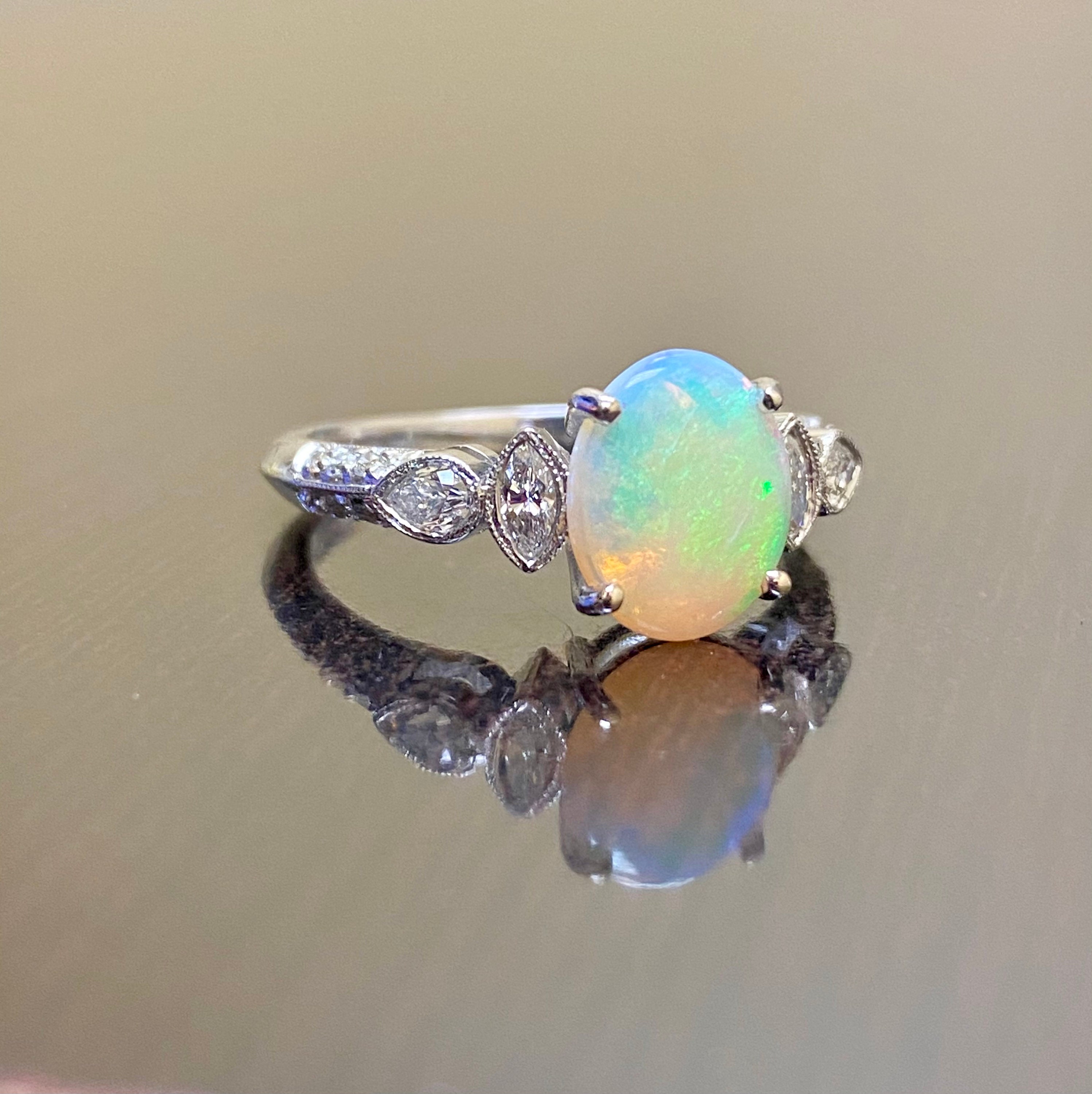 Art Deco 18K White Gold Diamond Opal Engagement Ring Art | Etsy