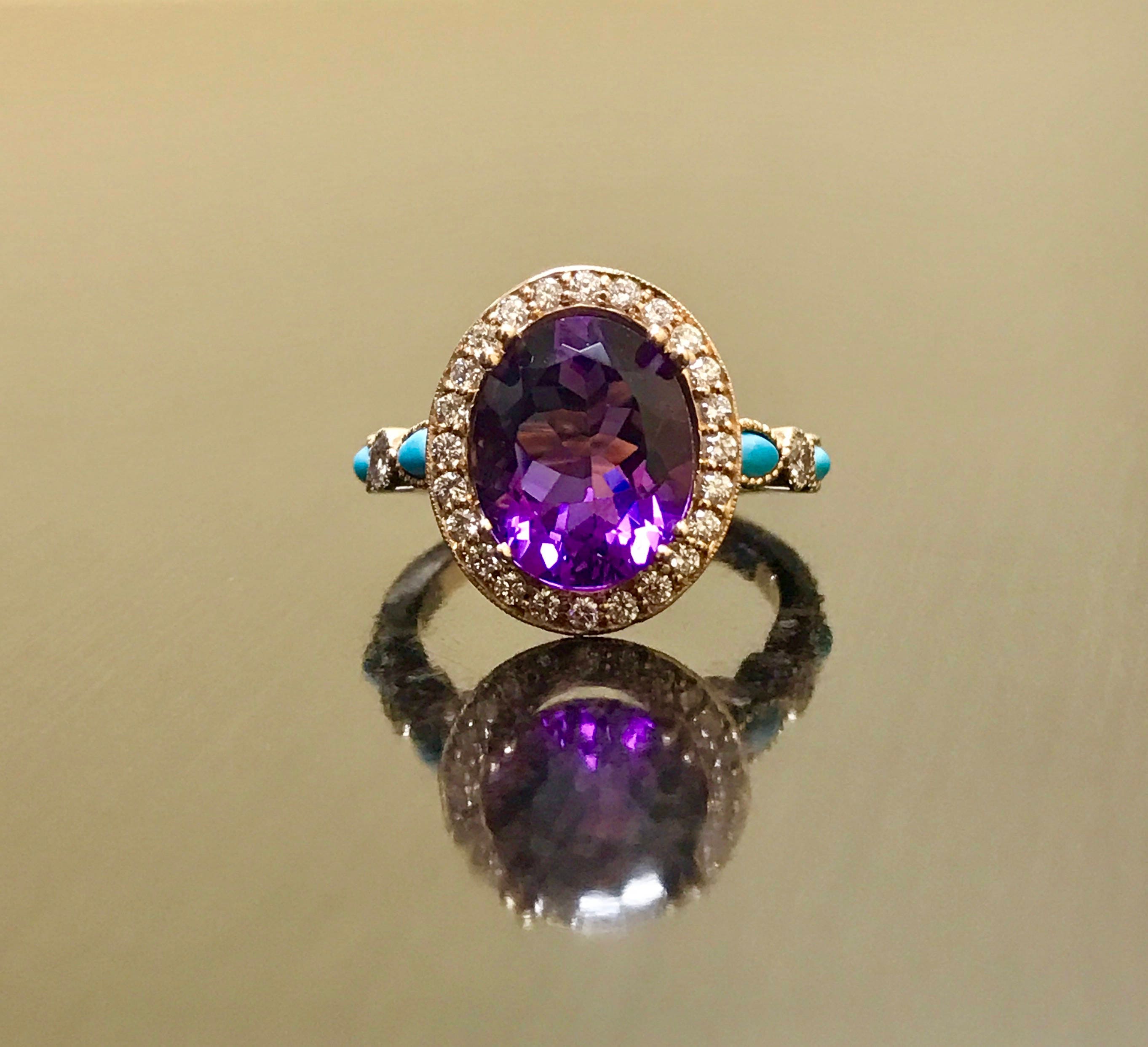 18K Rose Gold Turquoise Diamond Halo Amethyst Engagement Ring