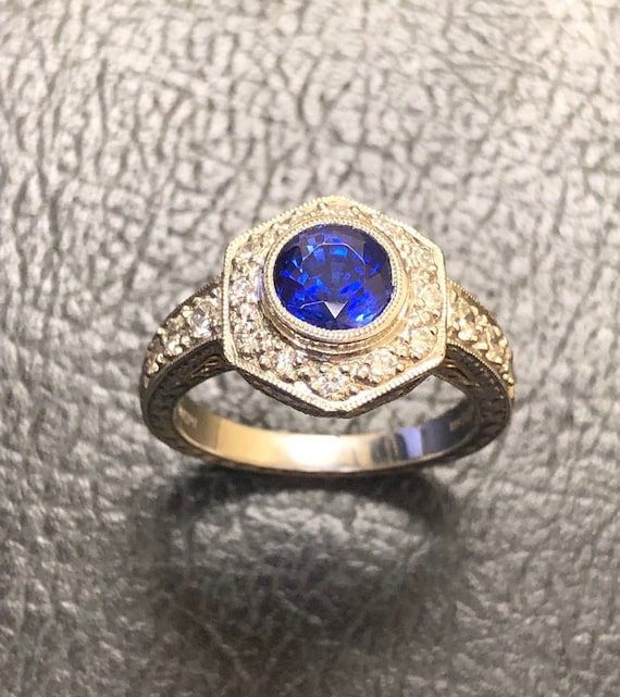Ceylon Blue Sapphire Halo Platinum Ring - Ceylon S