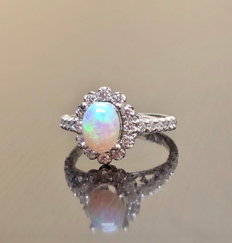 18K White Gold Halo Diamond Art Deco Opal Engagement Ring - Etsy