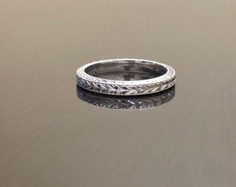Vintage Style Art Deco Platinum Entirely Hand Engraved Engagement Band - Antique Design Double Leaf Motif Engraved Platinum Wedding Band