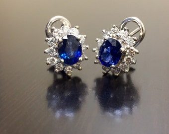 Platinum Ceylon Sapphire Halo Diamond Earrings - Art Deco Platinum Diamond Halo Blue Sapphire Earrings - Platinum Sapphire Stud Earrings