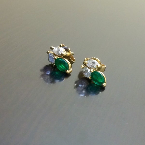 14K Yellow Gold Marquise Emerald Marquise Diamond Stud Earrings - 14K Gold Emerald Earrings - 14K Gold Diamond Earrings - Marquise Earrings