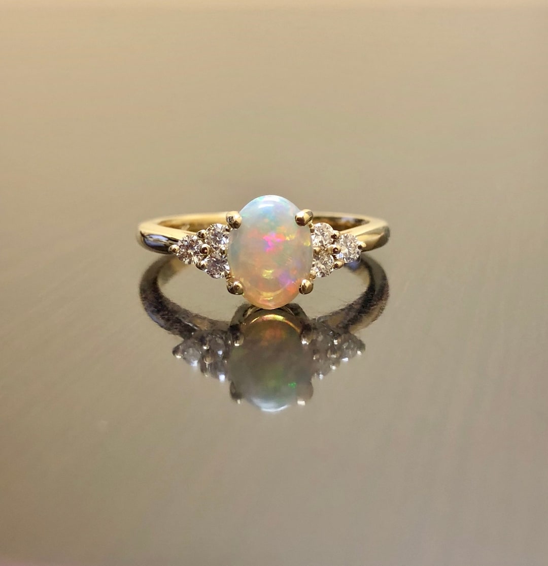 14K Yellow Gold Diamond Opal Engagement Ring - Art Deco Opal Diamond ...