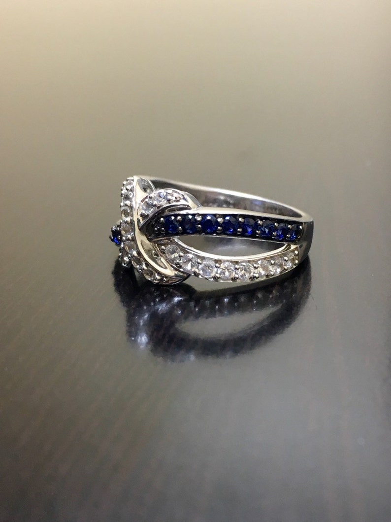 Banda de compromiso de zafiro Art Déco - azul zafiro art deco blanco zafiro alianza de boda - banda de zafiro azul - banda de zafiro blanco imagen 5