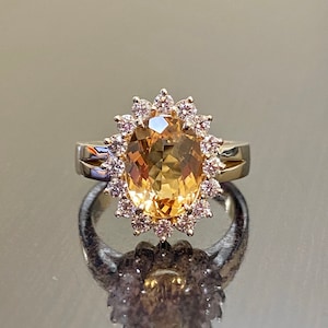 14K Yellow Gold Imperial Topaz Halo Diamond Engagement Ring Art Deco ...