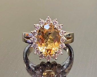 14K Yellow Gold Imperial Topaz Halo Diamond Engagement Ring - Art Deco 14K Gold Imperial Topaz Diamond Wedding Ring - Imperial Topaz Ring