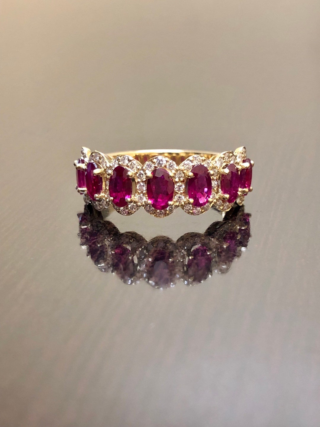 18K Yellow Gold Half Eternity Diamond Halo Ruby Engagement Band - 18K ...