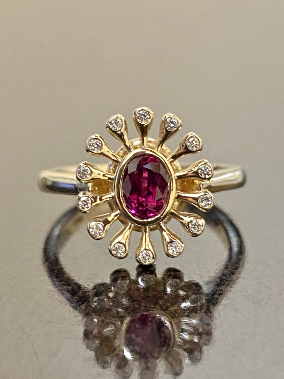 14K Yellow Gold Modern Diamond Oval Ruby Engagement Ring - Handmade ...