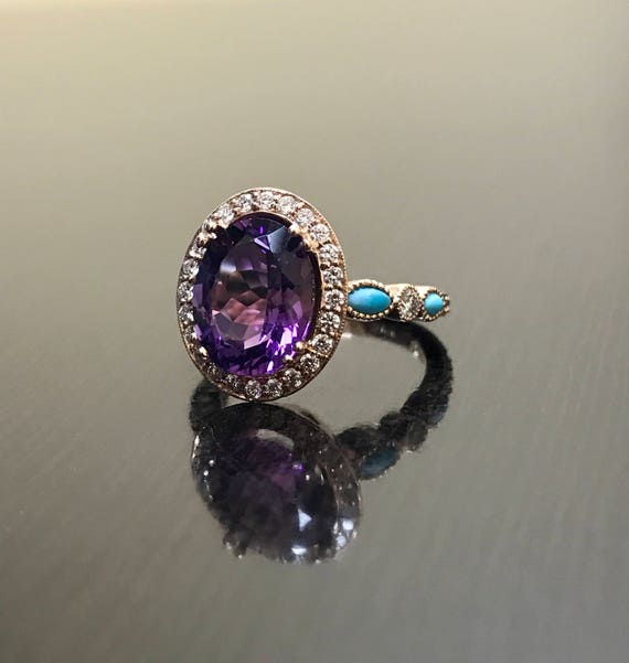 18K Rose Gold Turquoise Diamond Halo Amethyst Engagement Ring