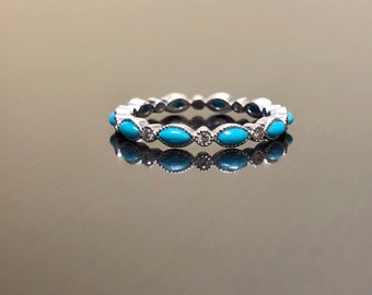 14K White Gold Diamond Eternity Turquoise Engagement Band - Art Deco Turquoise Diamond Wedding Band - 14K Gold Diamond Turquoise Band