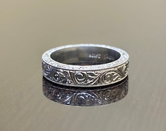 Art Deco Platinum Hand Engraved Engagement Band - Handmade Vintage Inspired Engraved Platinum Wedding Band - Engraved Scroll Platinum Band
