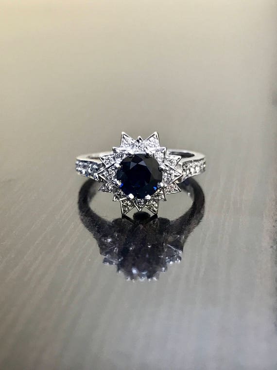 Art Deco Platinum Diamond Blue Sapphire Engagement Ring | Etsy