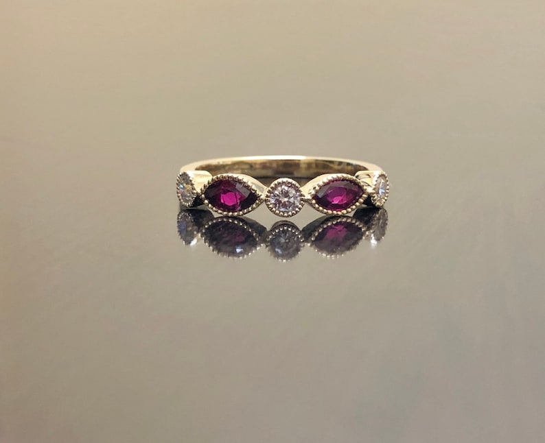 14K Yellow Gold Art Deco Diamond Marquise Ruby Wedding Band - Art Deco ...