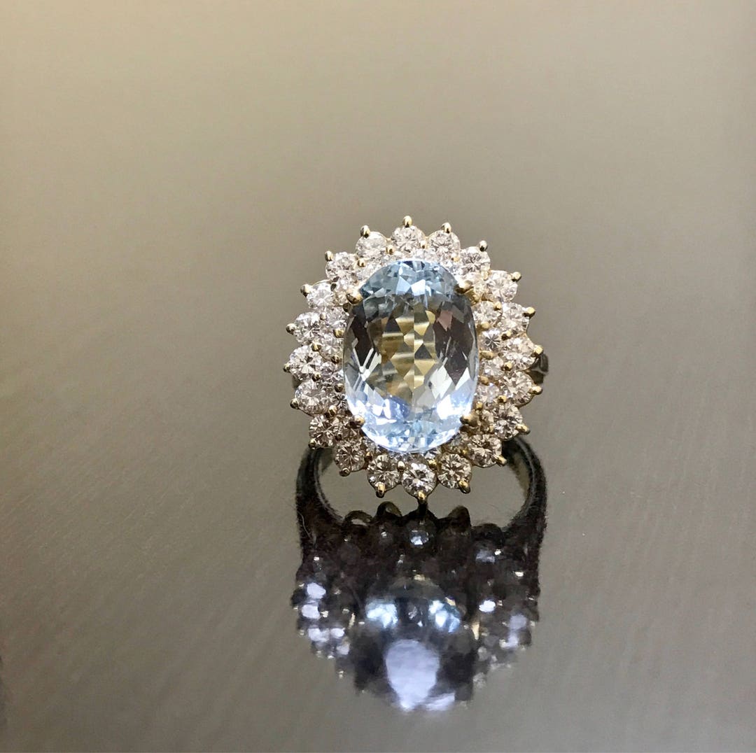 14K Yellow Gold Aquamarine Halo Diamond Engagement Ring Art - Etsy