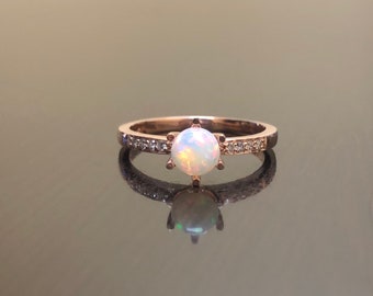 Art Deco 14K Rose Gold Diamond Solitaire Opal Engagement Ring - Rose Gold Opal Diamond Wedding Ring - Opal Rose Gold Ring - Gold Opal Ring