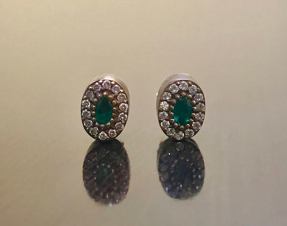 Emerald Earrings - Art Deco Earrings - Emerald Stud Earrings - Oval Emerald Earrings - Handmade Earrings - Halo Earrings - Emerald Studs