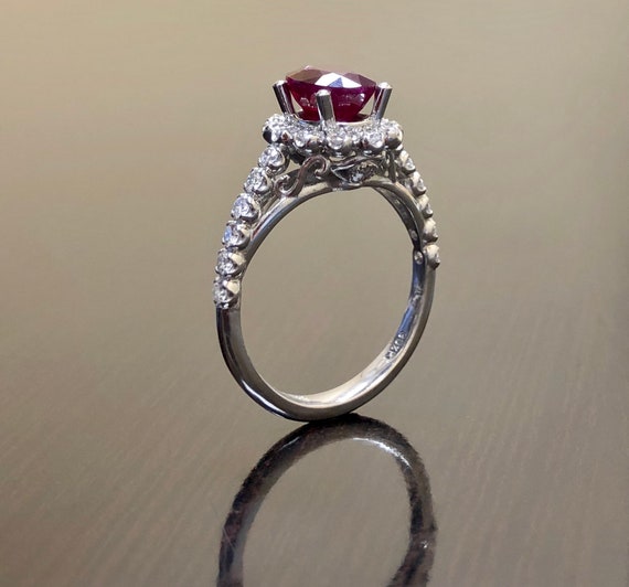 Platinum Oval Ruby and Emerald Cut Diamond 3 Stone Ring with Diamond S