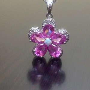 Opal Necklace - Opal Pendant - Pink Topaz Necklace - Pink Topaz Pendant - Opal Topaz Necklace - Diamond Necklace - Opal Floral Pendant