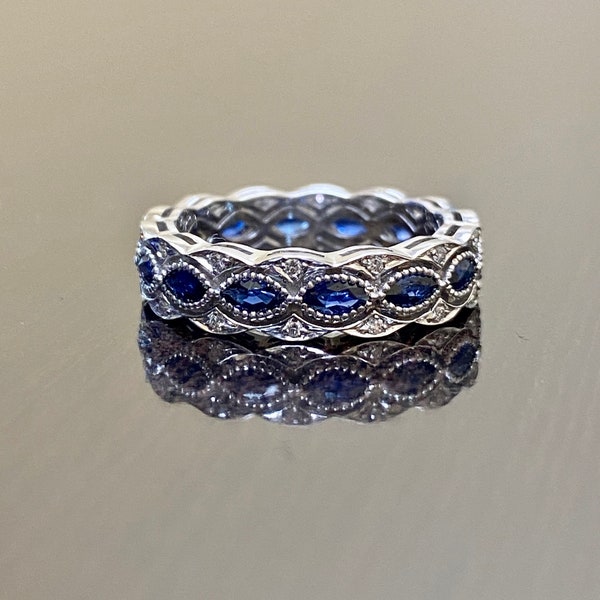 18K Weißgold Marquise Saphir Eternity Diamant Verlobungsband - Art Deco Diamant Blau saphir Hochzeitsband - 18K Saphir Diamant Band