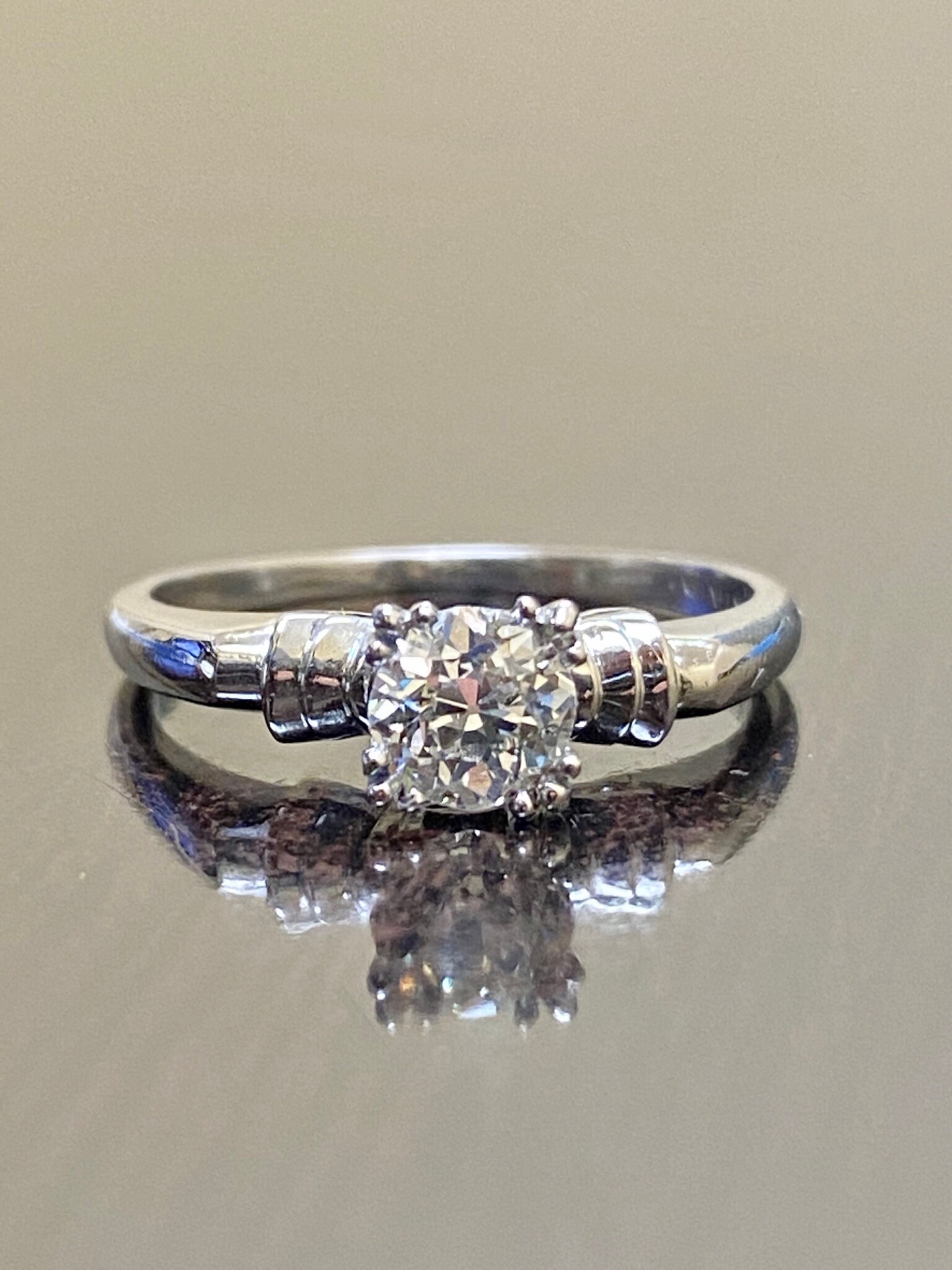 1940's Vintage Art Deco Platinum Solitaire Old European Cut Diamond Engagement Ring - Antique Estate Platinum Diamond Wedding Ring