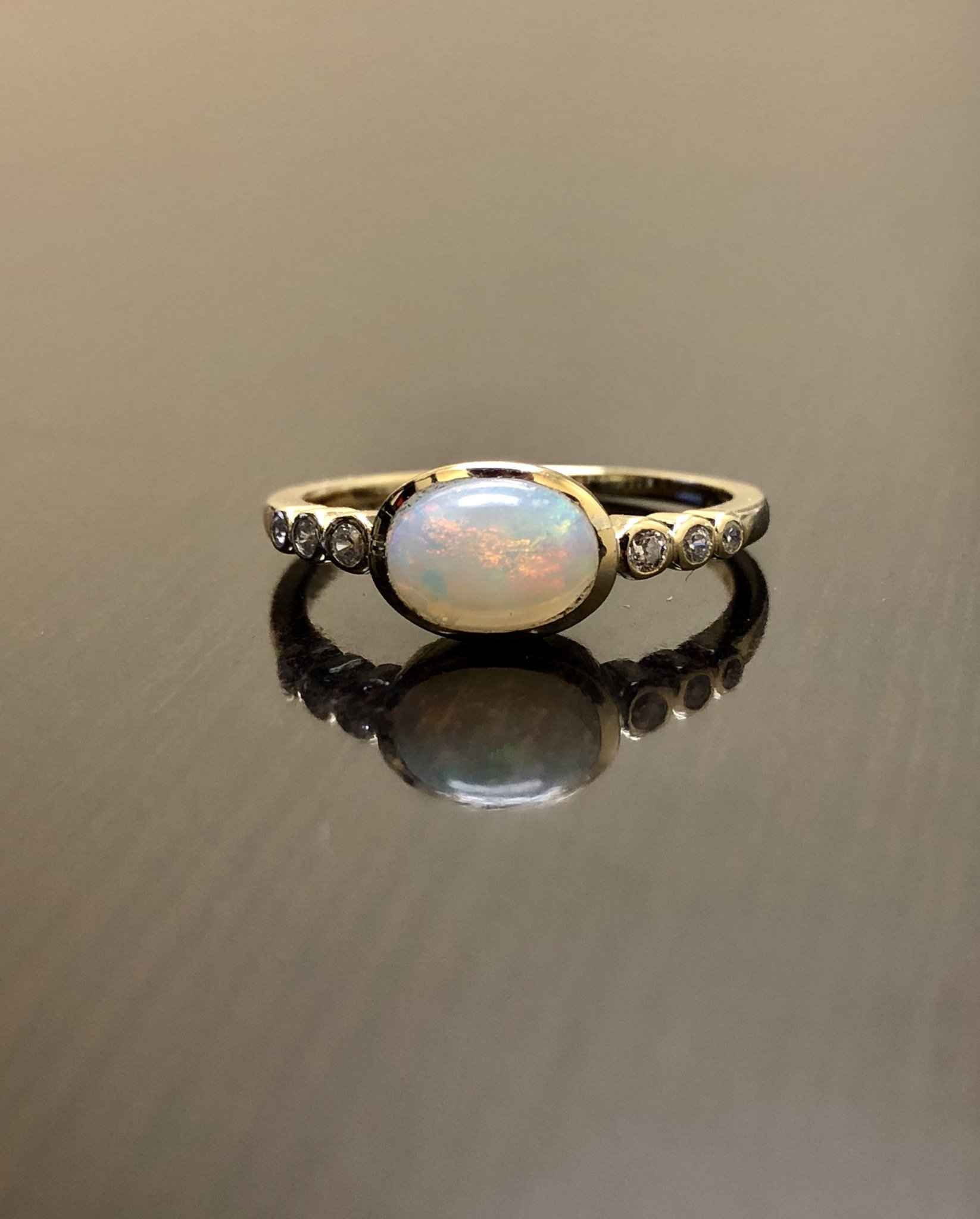 14K Yellow Gold Opal Engagement Ring - East West Opal Diamond Wedding Ring - 14K Gold Diamond Opal Ring - 14K Opal Diamond Ring
