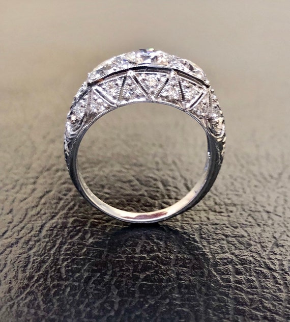 Antique Style Three Stone Diamond Hand Engraved Platinum Ring Art