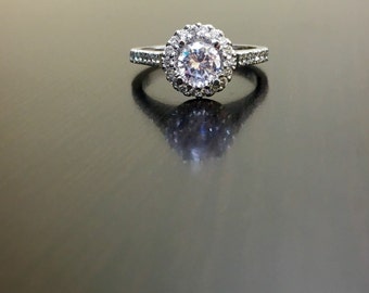 14K White Gold Halo Diamond Engagement Ring - 14K Gold Diamond Wedding Ring - Halo Diamond Ring - Pave Diamond Ring - 14K White Gold Ring