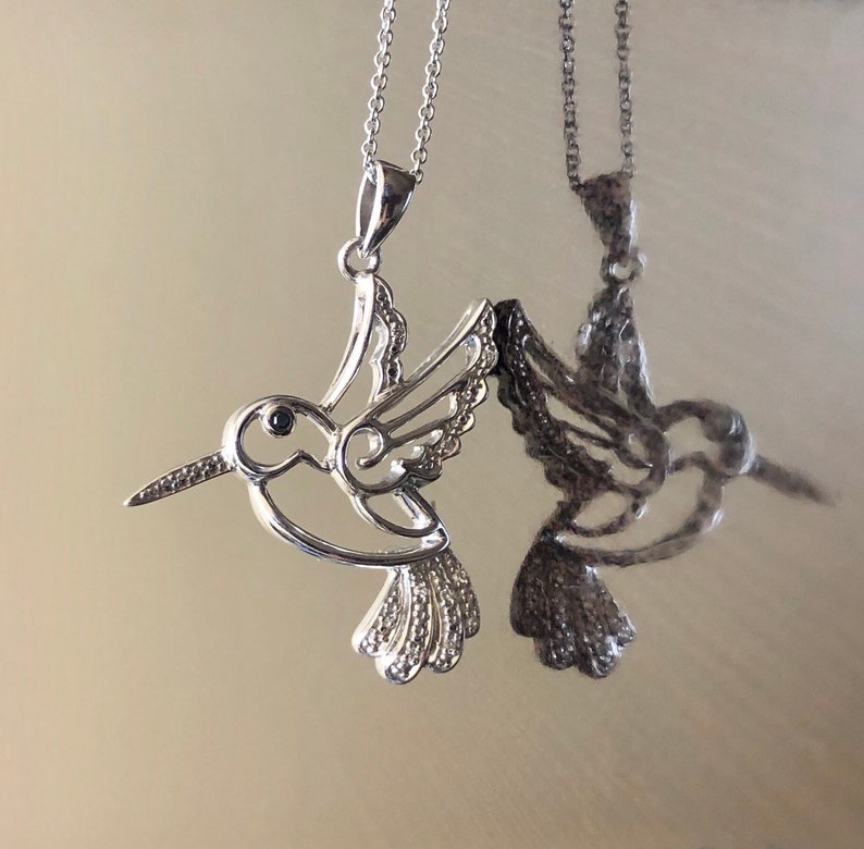 Silver Diamond Hummingbird Necklace Handmade Sterling Silver Hummingbird Diamond Necklace Black Diamond Silver Hummingbird Pendant