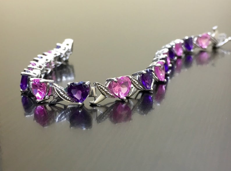 Sterling Silver Pink Topaz Heart Amethyst Bracelet - Amethyst Topaz Bracelet - Amethyst Heart Pink Topaz Bracelet - Heart Bracelet bild 3