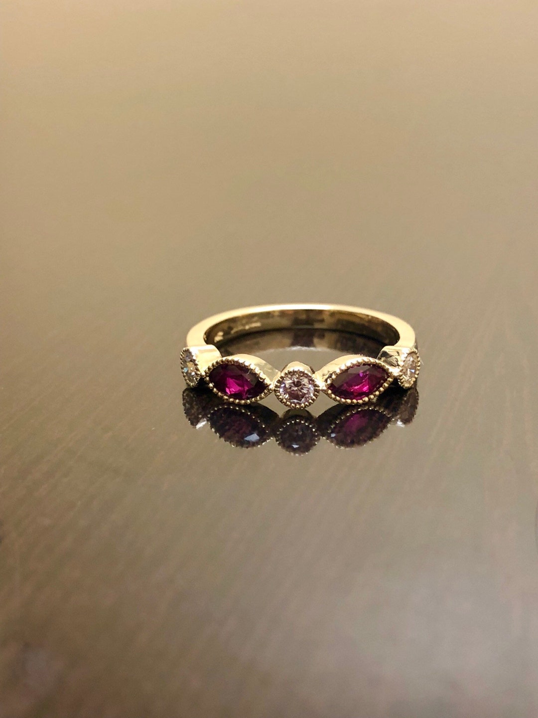14K Yellow Gold Art Deco Diamond Marquise Ruby Wedding Band - Art Deco ...