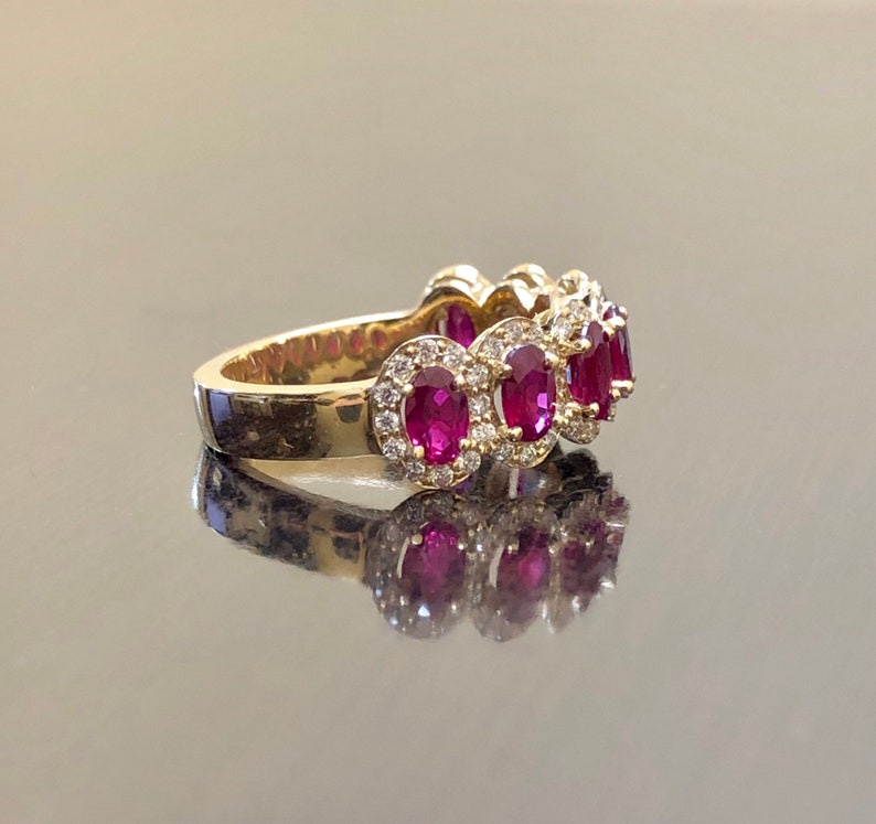 18K Yellow Gold Half Eternity Diamond Halo Ruby Engagement Band - 18K ...