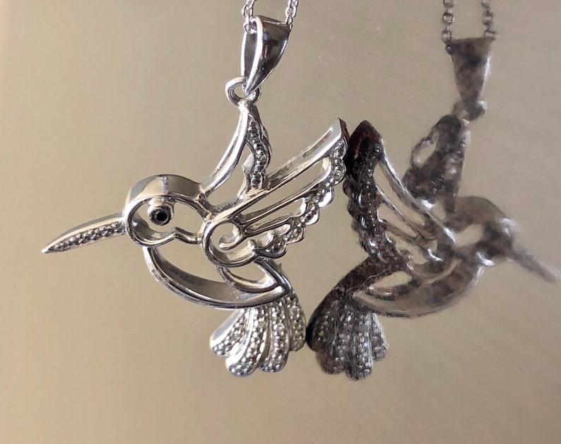 Silver Diamond Hummingbird Necklace Handmade Sterling Silver Hummingbird Diamond Necklace Black Diamond Silver Hummingbird Pendant