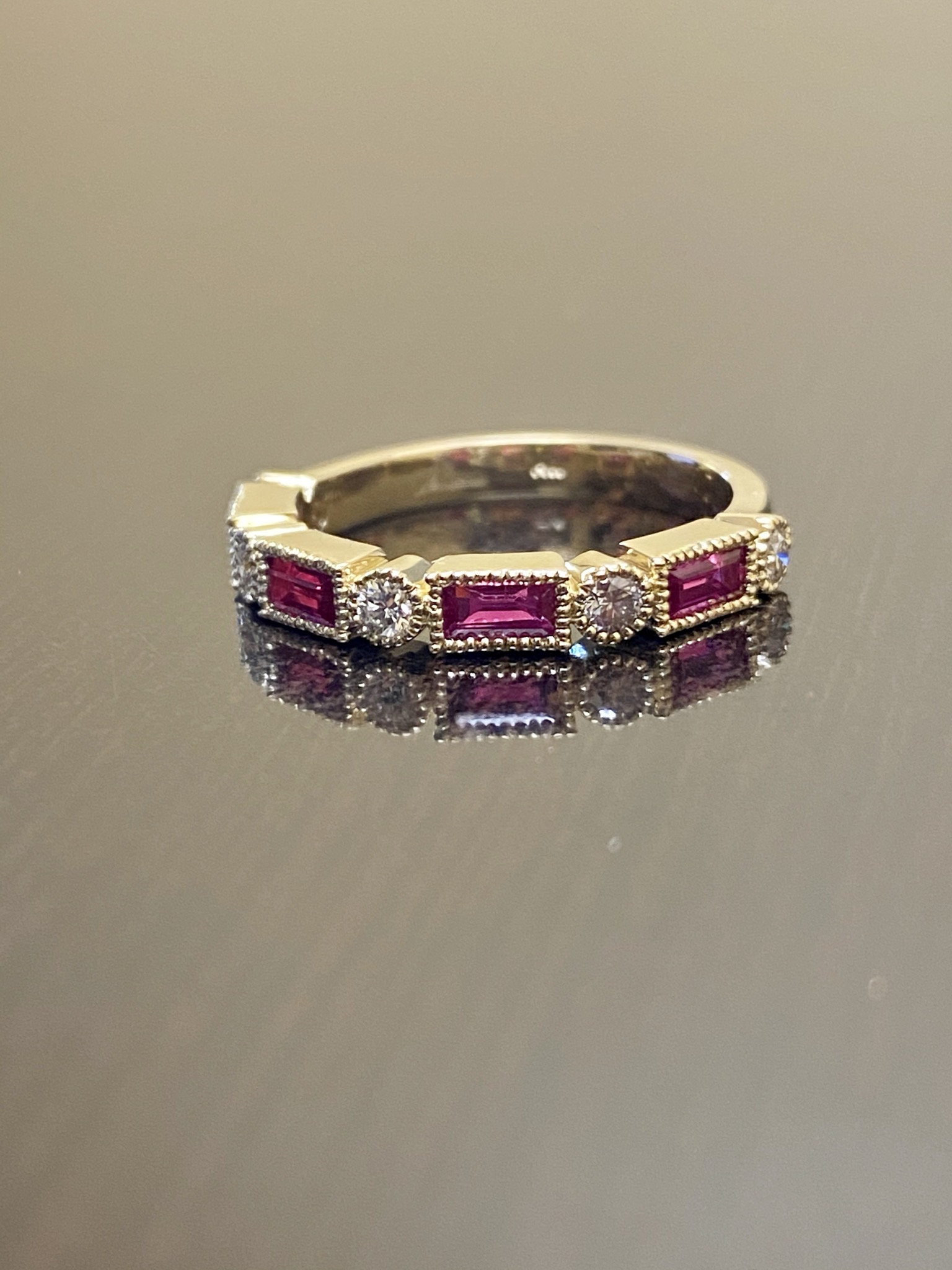 18K Yellow Gold Half Eternity Diamond Baguette Ruby Engagement Band ...