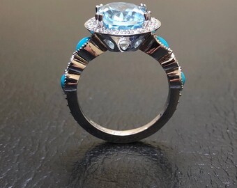 18K White Gold Diamond Turquoise Halo Aquamarine Engagement Ring Marquise Turquoise Aquamarine Diamond Wedding Ring Halo Aquamarine Ring Etsy
