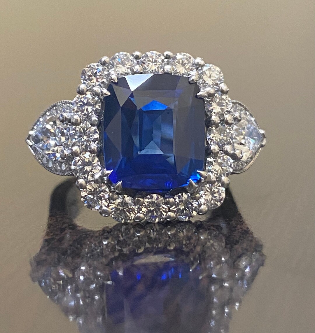 Art Deco Platinum Diamond Cushion Cut Blue Sapphire Engagement Ring ...
