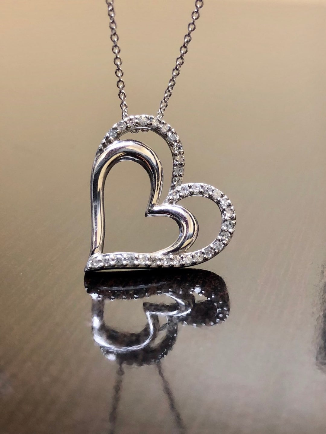 Sterling Silver Double Heart Diamond Necklace Silver Diamond Heart Necklace Pave Diamond Heart Silver Necklace Silver Heart Pendant Etsy Canada