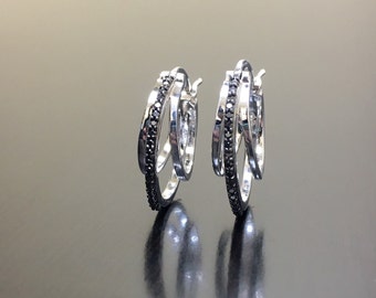 Diamond Hoop Earrings - Sterling Silver Black Diamond Earrings - Black Diamond Hoops - Silver Diamond Earrings - Silver Black Diamond Hoops