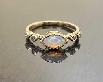 18K Yellow Gold Diamond East West Marquise Opal Engagement Ring - 18K Gold Opal Diamond Wedding Ring - Opal Diamond Ring - 18K Opal Ring
