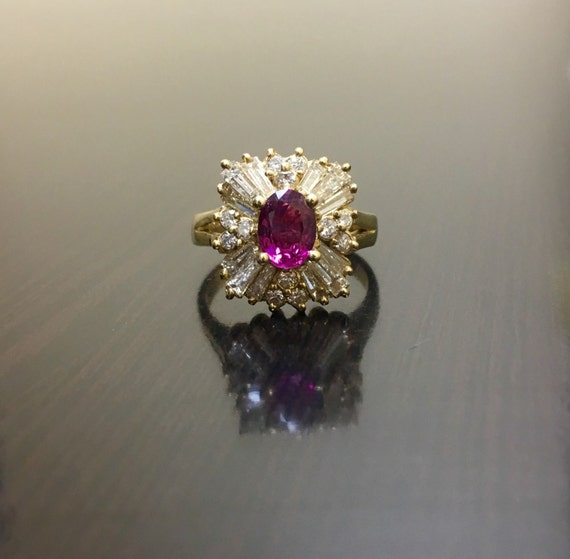 14K Yellow Gold Ruby Diamond Engagement Ring - 14K Gold Art Deco Diamond Ruby Wedding Ring - Art Deco Ruby Diamond Ring - Diamond Ruby Ring