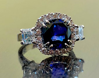 Platinum GIA Certified Asscher Cut Diamond Halo Cushion Cut Blue Sapphire Engagement Ring - Halo Diamond GIA Blue Sapphire Platinum Ring