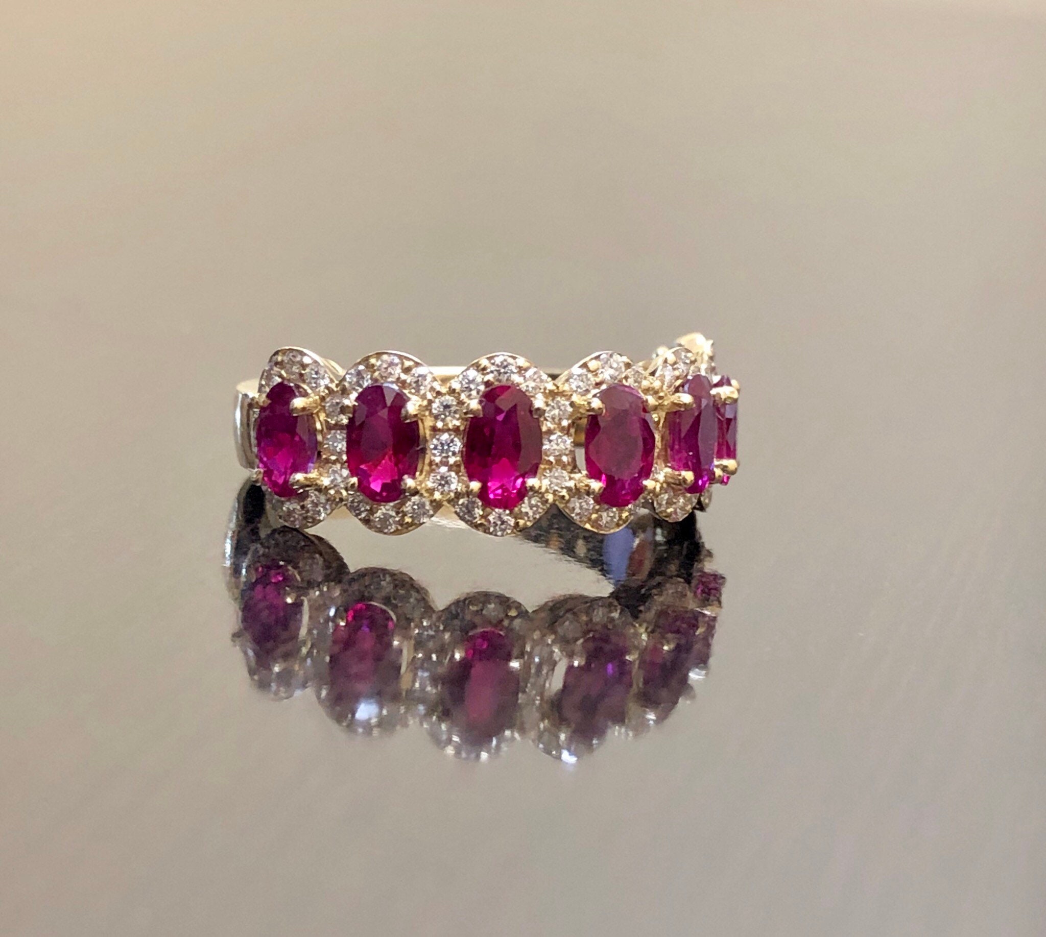 18K Yellow Gold Half Eternity Diamond Halo Ruby Engagement Band - 18K ...