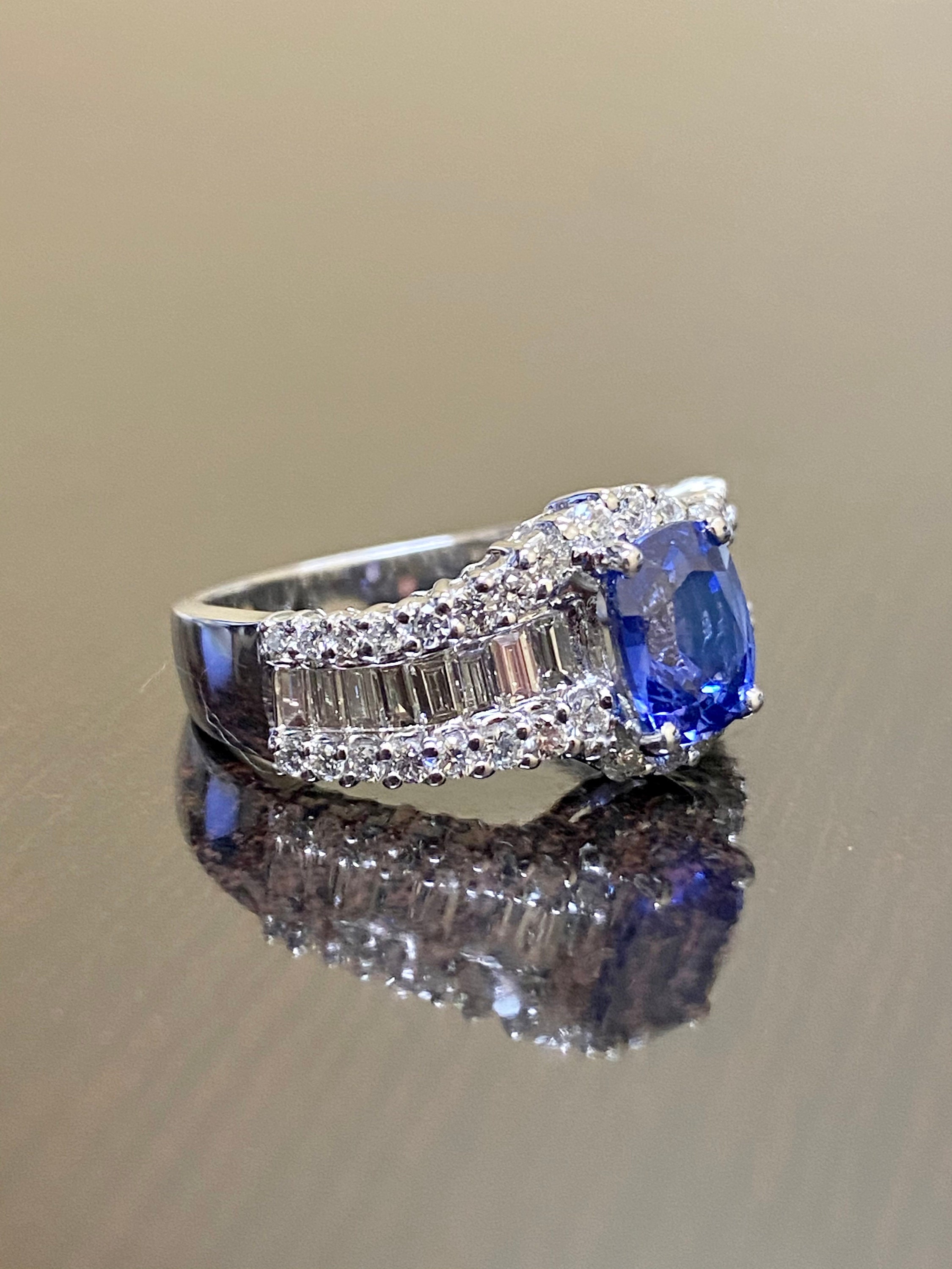 18K White Gold Baguette Diamond Oval Blue Sapphire Engagement | Etsy