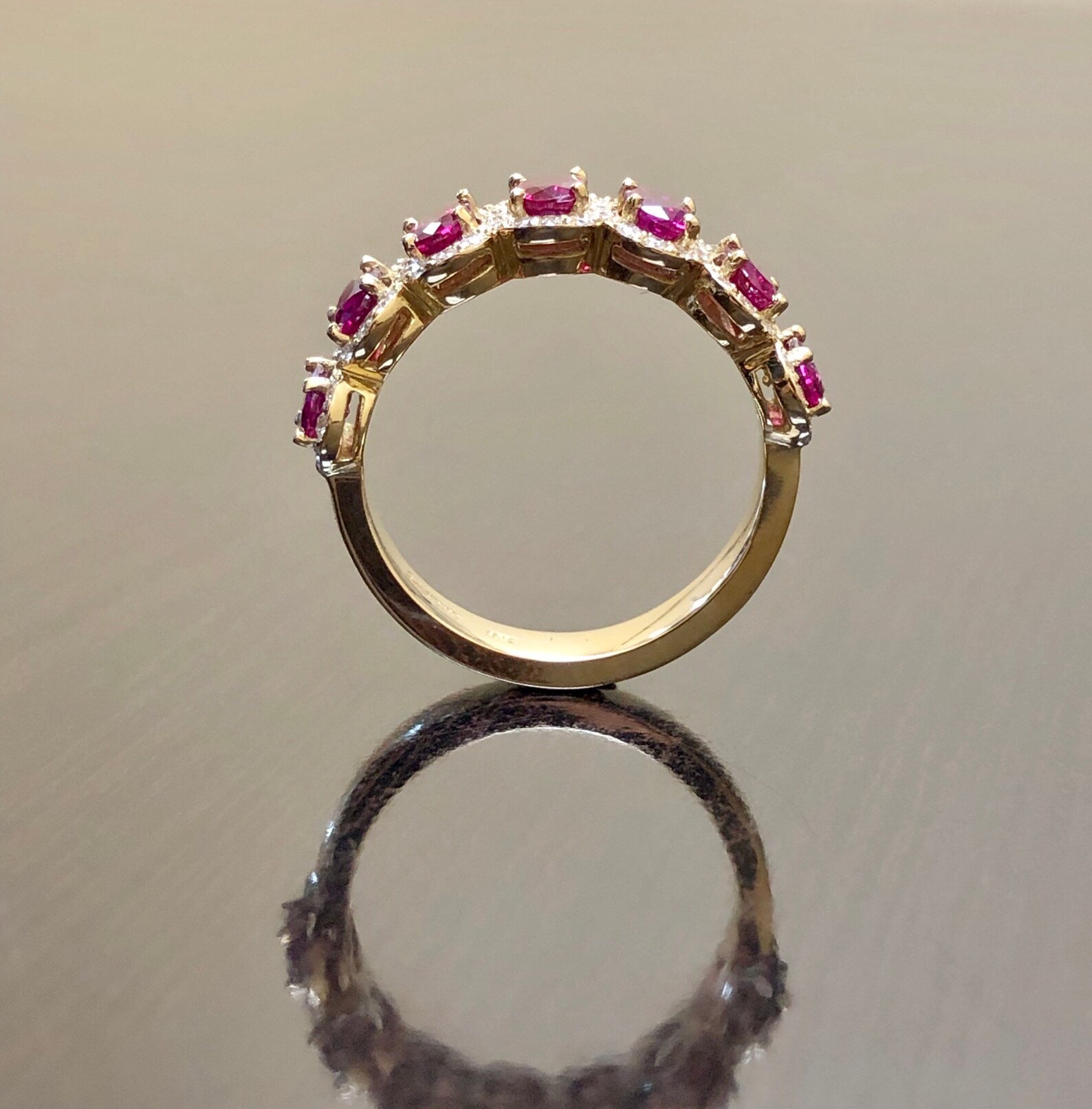 18K Yellow Gold Half Eternity Diamond Halo Ruby Engagement Band - 18K ...