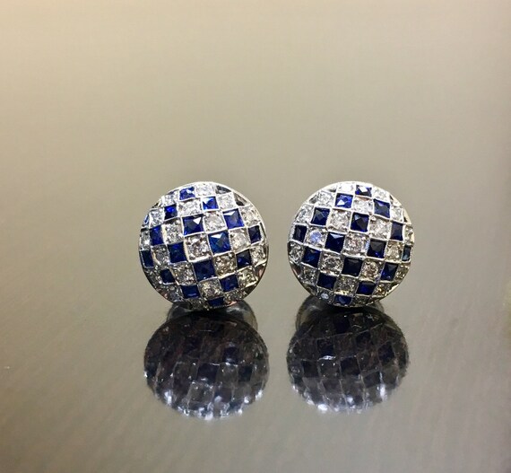Platinum Art Deco Diamond French Cut Sapphire Earrings - Art Deco Platinum Sapphire Diamond Earrings - Blue Sapphire Diamond Stud Earrings